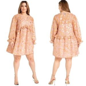Eloquii Pink Metallic Floral Ruffle Mini Dress